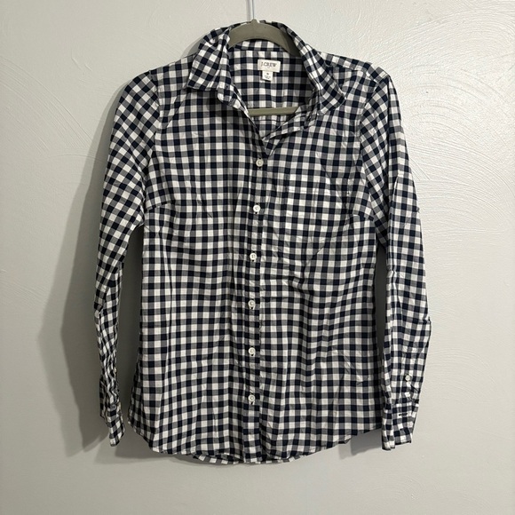 J. Crew Classic Fit Women’s Gingham Navy Blue Checkered Button-Up Shirt Cotton - Picture 1 of 4